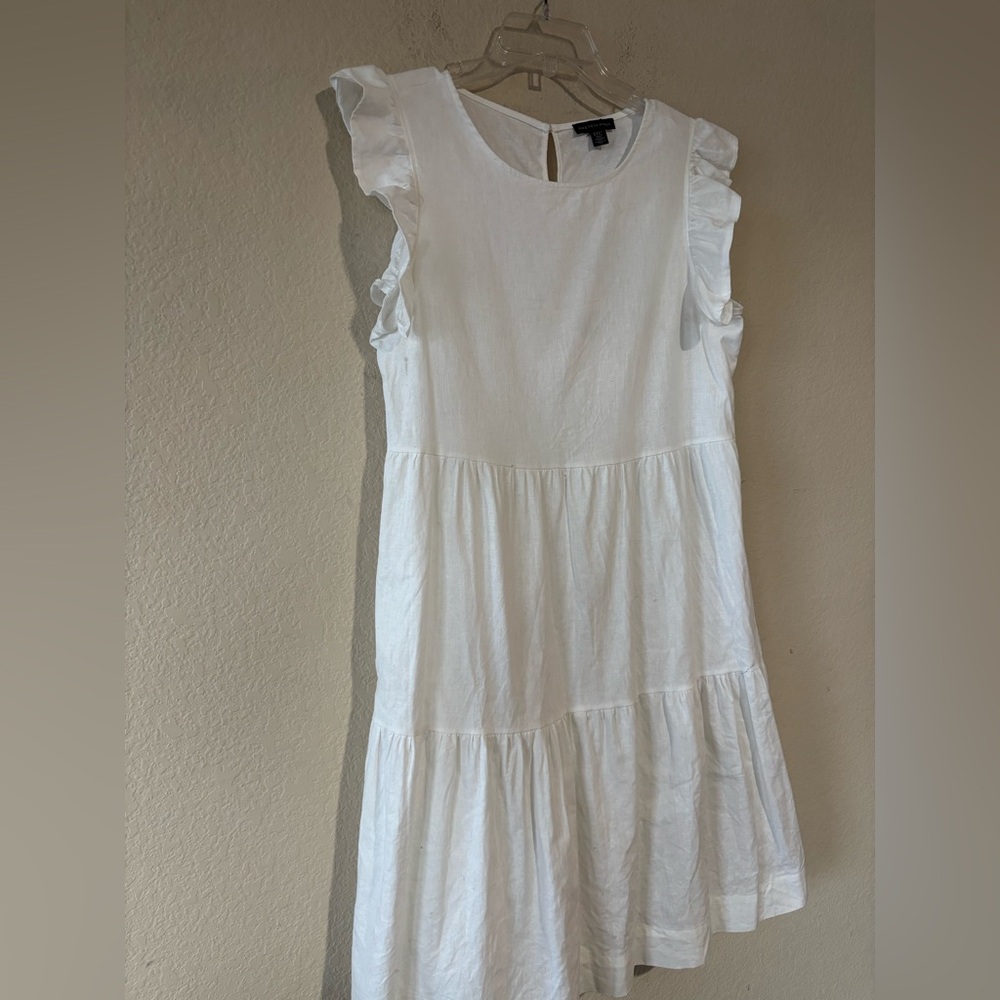 Women M Saks Fifth Avenue Tiered Sun Flounce Peasant Boho Dress Linen Cotton - Picture 2 of 8